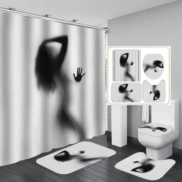 Nackte Frauen Schatten Duschvorhang mit Haken Sexy Mädchen Badezimmer Set rutschfester Teppich Toilettendeckel Pad Badematte für Heimdekoration 210609228e