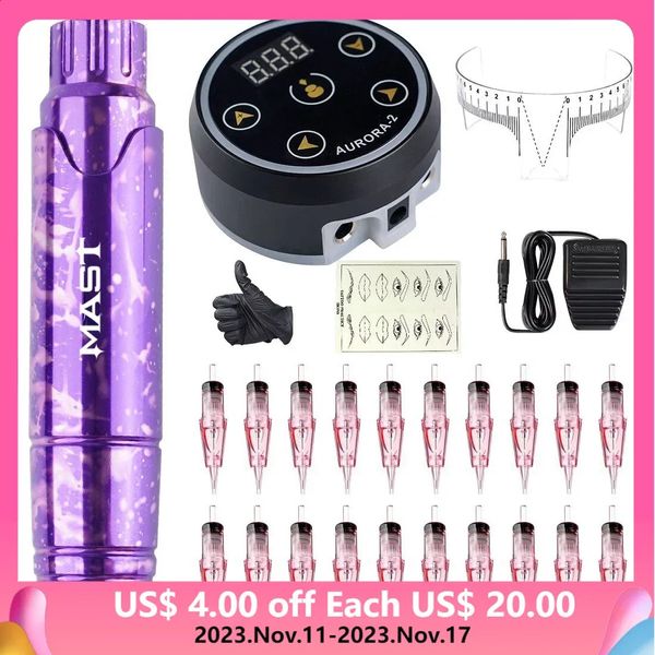 Máquina de tatuagem mastro tatuagem p10 rca máquina rotativa caneta kit de maquiagem permanente com display led fonte de alimentação wjx cartucho suprimentos conjunto 231116