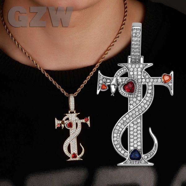 Vendita calda Nuovo ciondolo croce serpente Collana da uomo Rosso Blu Cubic Zirconia Love Charms Hip Hop Rapper Gioielli Regali Amanti Rapper ghiacciato Bijoux per uomo Donna