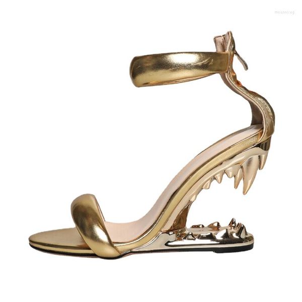 Sandalen Marke Keile Zahn Design Für Frauen 2023 Sommer Sexy Mode High Heel Gold Silber Bankett Party Kleid Schuhe Größe 43