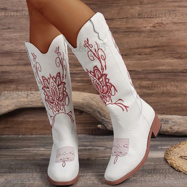 Botas femininas botas novas 2024 outono inverno branco joelho botas altas plus size 43 mulheres confortáveis andando feminino retro bordado bota de cowboy t231117