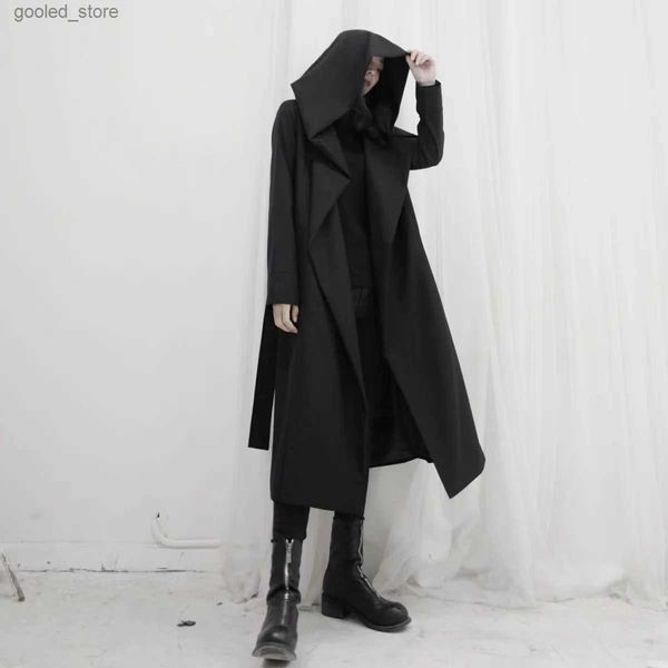 Men's Trench Coats ARENS Hooded Trench Coat Men and Women Gothic Punk Lace Up Cardigan Long Windbreaker Fall Korean Dark Black Style Punk Overcoat Q231118