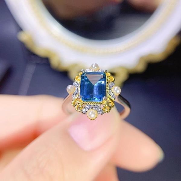 Küme Yüzükleri Sterling Gümüş 925 Londra Blue Topaz Doğal Kadınlar Lüks Ücretsiz Posta Nişan Hediyesi Orijinal İnce Mücevher