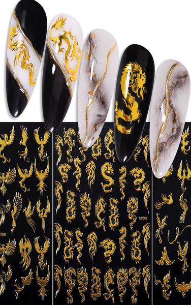 Adesivi 3D per nail art Dragon Phoenix Oro colorato adesivo impermeabile decalcomanie autoadesive decorazioni olografiche per manicure4622569