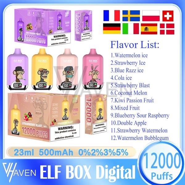 ELF BOX Digital 12000 Puff Vape jetable E-cigarettes 500mah Batterie rechargeable vaper 23ml Vapes pré-remplies bouffée jetable