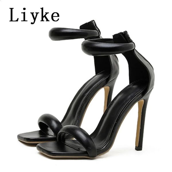 Kleidschuhe Liyke Gladiator High Heels Sexy Gold Sandalen Fashion Square Toe Ankle Cover Strap Stiletto Stripper Frauen Schuhe Pumps 231116