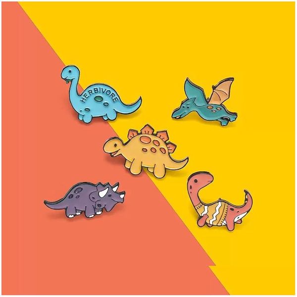 Acessórios dos desenhos animados bonito esmalte broches pino animal dinossauro para mulheres menina moda jóias metal vintage pinos crachá atacado crianças gi dhgvs