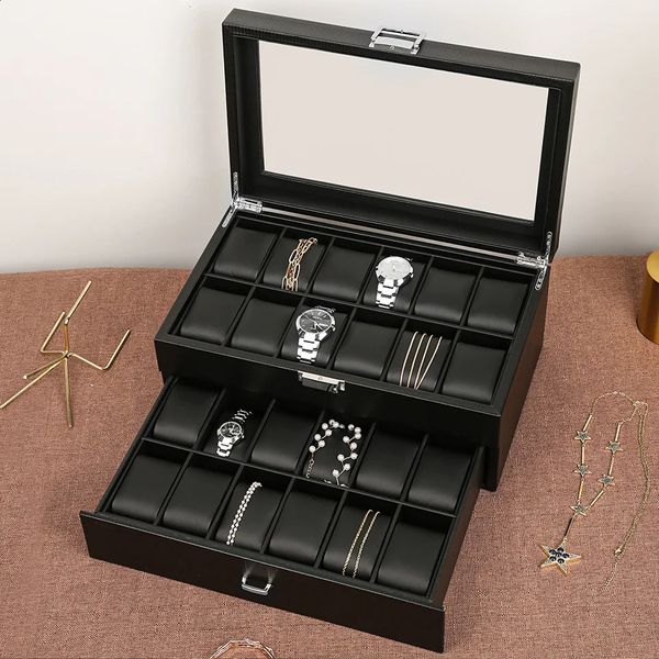 Caixas de relógio Casos Homens Watch Box Organizador Armazenamento Luxo Caixa de Madeira Caixa de Exibição Preta Caixa de Vidro Quadrado Armário de Vidro Dupla Camada 24 Slots Caixas Homem 231116