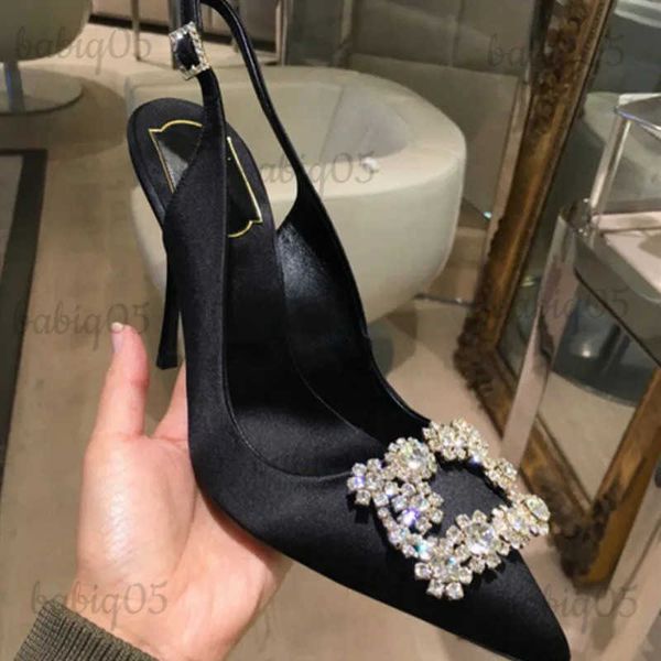 Sapatos de vestido 2023 sapatos de casamento vermelho sapatos nupciais cetim apontado stiletto bombas mulheres de salto médio strass fivela quadrada sandálias de alça traseira t231117