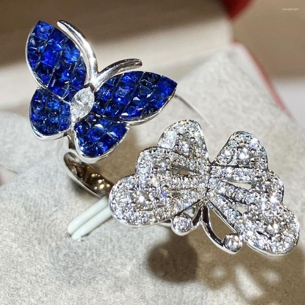 Anelli a grappolo LR2023 Anello con zaffiro blu 0,8 ct Real Pure 18K Natural Butterfly Gemstone Diamonds Stone Female