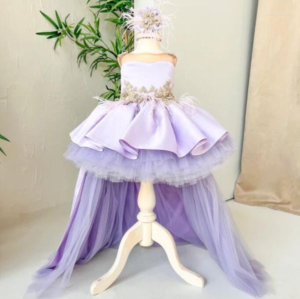 Mädchenkleider, süße Lavendelblüte, durchsichtiger Hals für Hochzeitsgast, Kinder, Brautjungfer mit Spitzenapplikationen, Erstkommunionskleid