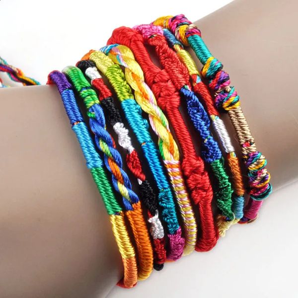 Cuff 100 pçs/lote artesanal trançado boêmio colorido arco-íris corda pulseiras praia jóias para mulheres atacado charme pulseira livre 231116