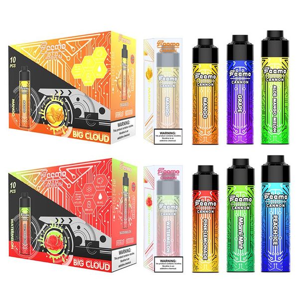 Mais recente venda quente formal Feemo Cannon 10000puffs 0.5ohm Big Cloud Item descartável Vape Pen 850 mAh Recharger Bateria 10 sabores ecig Vapor Pen