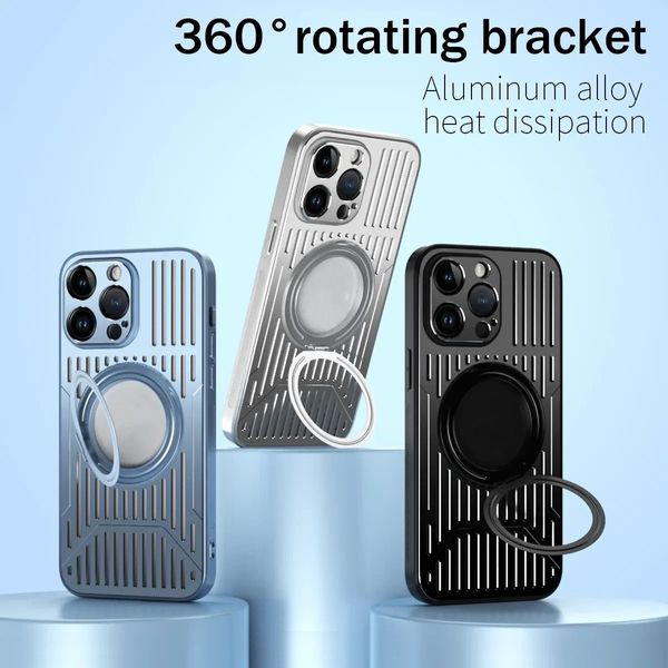 Custodia per telefono con supporto di rotazione a 360 ° con magnete in metallo cavo di raffreddamento di lusso per iPhone 15 14 13 12 Pro Max più dissipazione del calore per la ricarica wireless