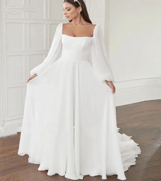 Branco quadrado pescoço vestido de casamento 2024 chiffon longo vestido de noiva mangas inchadas tribunal trem boho vestidos de noiva novia