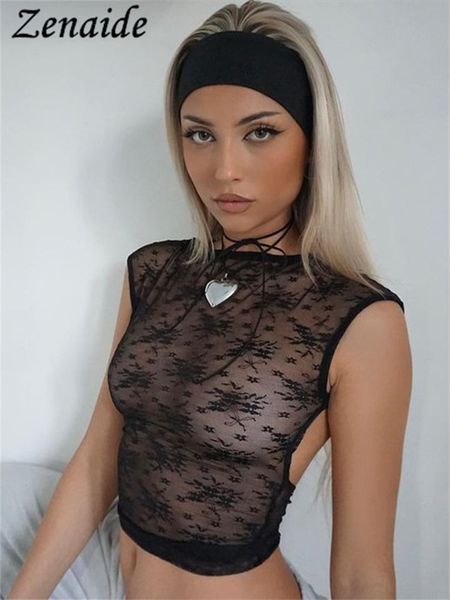 T-shirt da donna Zenaide 2023 Summer Lace Halter Neck Crop Top Nero Backless See Through Y2K T-shirt sexy da donna Slim Tees 2023 Vintage 230417