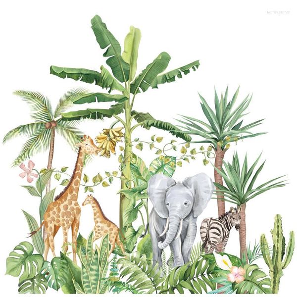 Adesivi murali Cartone animato Foresta pluviale tropicale Animali Elefante Giraffa Pianta nordica Divano Camera da letto per bambini Decorazione di sfondo