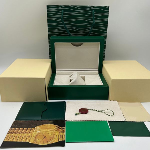 Высококачественная зеленая коробка для часов, деревянная заводская коробка для мужских и женских часов, сертификат бумажного пакета, роскошные аксессуары для часов, коробка высшего уровня, модная коробка для часов, необходимая коробка 007