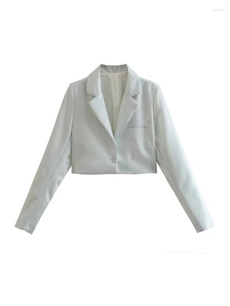 Kadınlar Suits Kadınlar Sıradan Tek Göğüslü Yüksek Bel Gri Blazers Kadın Moda Parlak Kısa Ofis Blazer Bayanlar Gümüş Renkli Ceketler