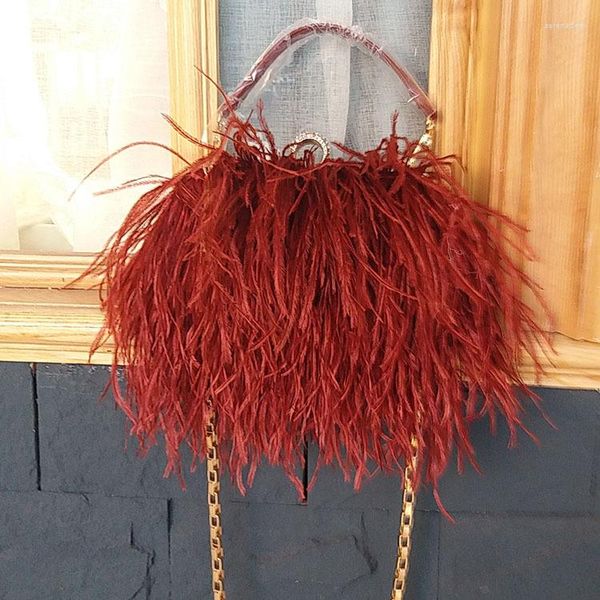 Borse da sera Moda retrò Lusso Capelli di struzzo Piuma da donna Autunno Inverno Tracolla a catena Pochette Borsa da festa