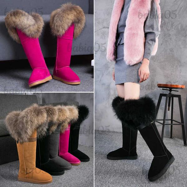 Botas Estilo Australiano Mulheres Natural Fox Cabelo Botas de Neve À Prova D 'Água Genuína Botas de Inverno de Couro de Vaca Mulheres Quentes Botas Na Altura Do Joelho T231117