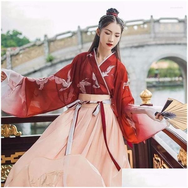 Abbigliamento da palco Hanfu Stile cinese Donna Abito da ballo tradizionale Costume cosplay da fata femminile Abbigliamento rosso di Halloween Abbigliamento consegna drop Dhy10