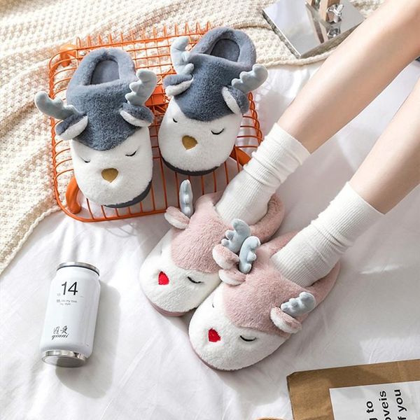 Hausschuhe Frauen Winter Zuhause Cartoon Hirsch Elch rutschfeste weiche warme Hausschuhe Männer Damen Mädchen Indoor Schlafzimmer Paare Bodenschuhe