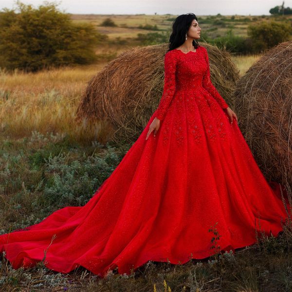 Lindo laço vermelho muçulmano vestido de casamento tripulação pescoço mangas compridas pérolas sparkly dubai vestidos de noiva prices vestido de novia casamento 2024