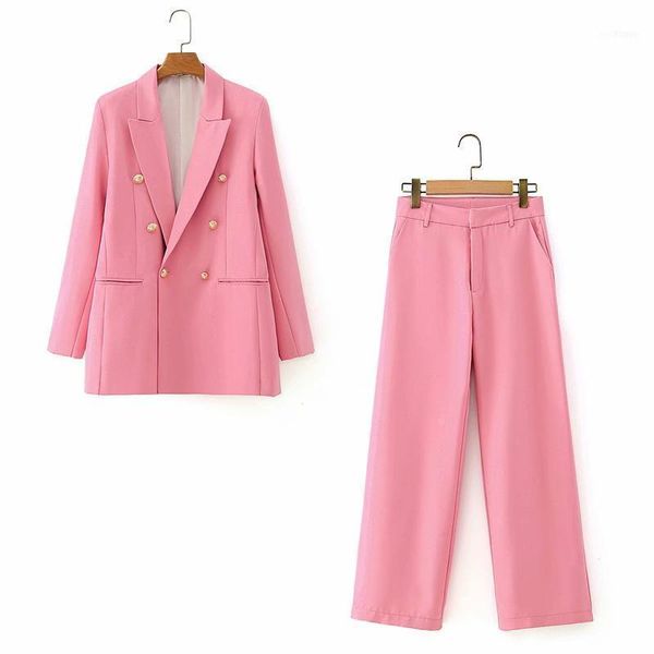 Completo da donna in due pezzi con pantaloni autunno donna blazer rosa doppio petto set da ufficio elegante 2 e pantaloni