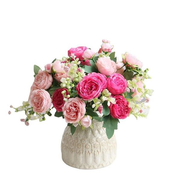 Flores decorativas grinaldas de seda branca peônia artificial flores decorativas rosa casamento casa diy decoração grande buquê artesanato acessórios dhj06