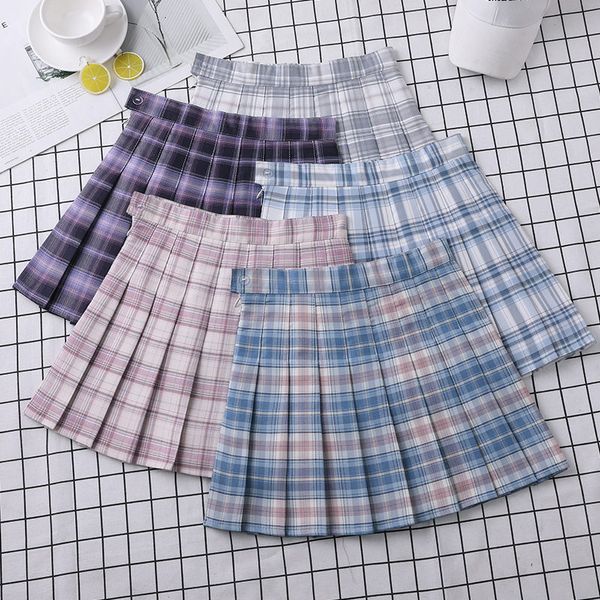 Saias saia xadrez plissado plissado de cintura alta feminino de verão A-line coreana estilo escolar de estilo colegial EAM DANCE MINI MINI SKIRA CURTA 230417