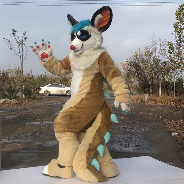 Husky Maskot Kostümleri Çocuk Teen Teen Full Fulry Suit Bent Bacaklar Bej Fursuit Ejderha