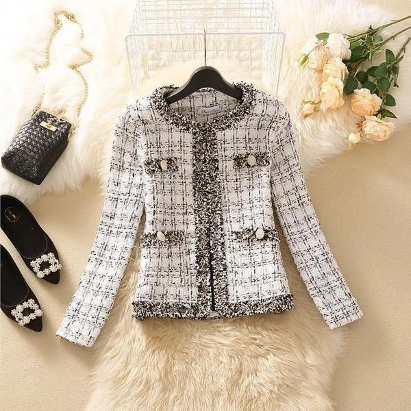 Damen Jacken Vintage Quaste Plaid Tweed Jacke Damen Luxus Designer Cropped Blends Wollmantel Korean Fashion Slim Oberbekleidung Tops Streetwe