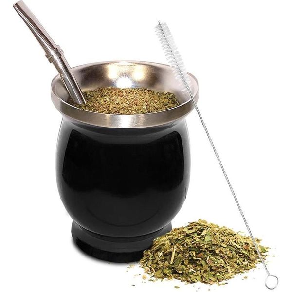 Canecas Yerba Mate Natural Cabaça Chá Conjunto 8 Onças Bombillas Palha Escova De Limpeza De Aço Inoxidável Dupla Parede Fácil Clean218g