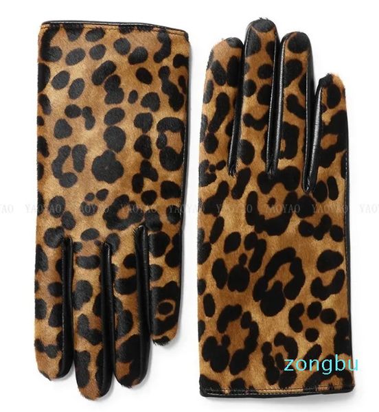 Mulheres leopardo impressão luvas de couro genuíno senhoras curto inverno lã forrado grosso luvas botton quente guantes mujer