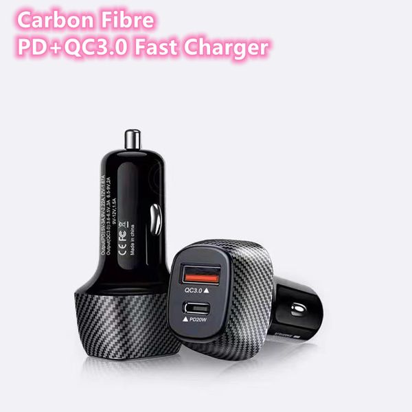 Углеродное волокно PD USB CAR Chargers 15W USB C Type C Port QC 3.0 Fast Charge Charger Auto Power Chargers для Samsung S22 S21 iPhone 14 13 Xiaomi