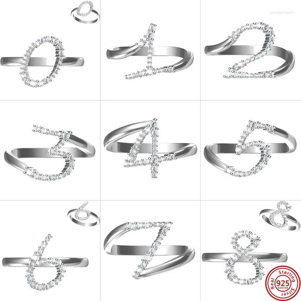 Ringos de cluster 925 prata esterlina para mulheres casal 0-9 Número da sorte Ring Ring de dedilhado Anniversary Birthday Gift Jóias originais