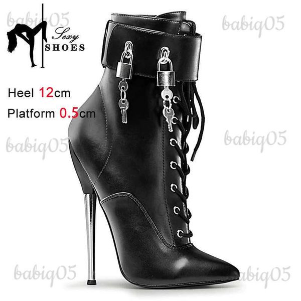 Stiefel Vorhängeschloss WESTERN Gürtelschnalle STIEFELETTEN Schwarzes Lackleder Spitze Zehen Kurze Stiefel Stiletto-Absatz Reißverschluss Damen Polierte Schuhe T231117