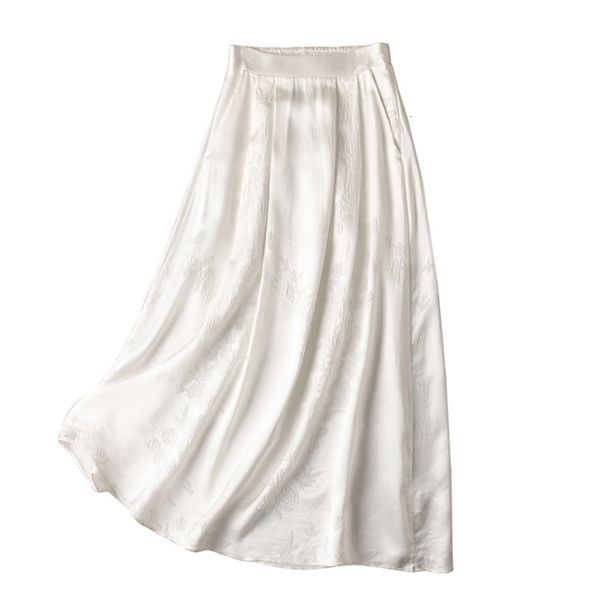 Юбки SuyadReam Белая юбка для женщины шелковая смесь эластичная талия Жаккард длинные юбки весна лето шикарно 230418