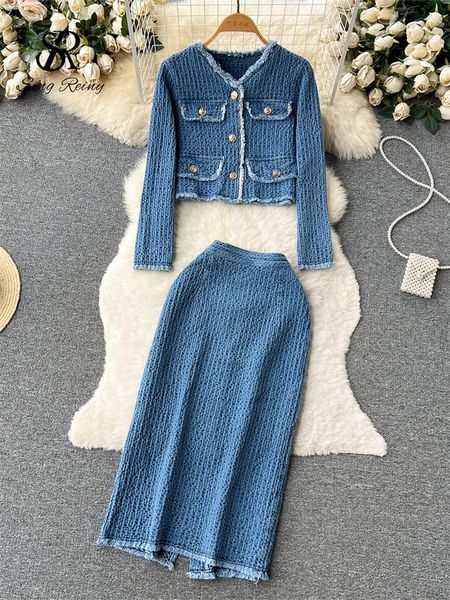 Vestido de duas peças singiny mulheres escritório denim conjunto manga longa outono camisa de couro vintage moda jeans 231118