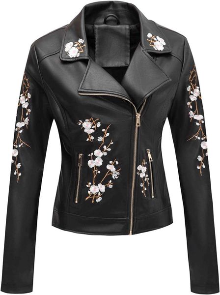 Bellivera Damen Kunstleder Casual Kurzjacke Frühling und Winter Fashion Moto Bike Blumenmantel