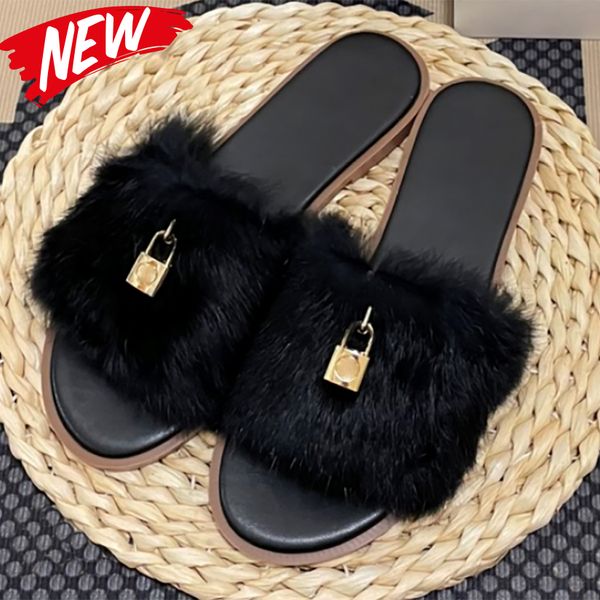 Womens Designer Chinelos Wool Lock Slides Sandálias Preto Branco Azul Rosa Fúcsia Marrom Luxo Senhoras Inverno Chinelo Mulheres Ao Ar Livre Quente Sandália Plana Sapatos Eur 35-40