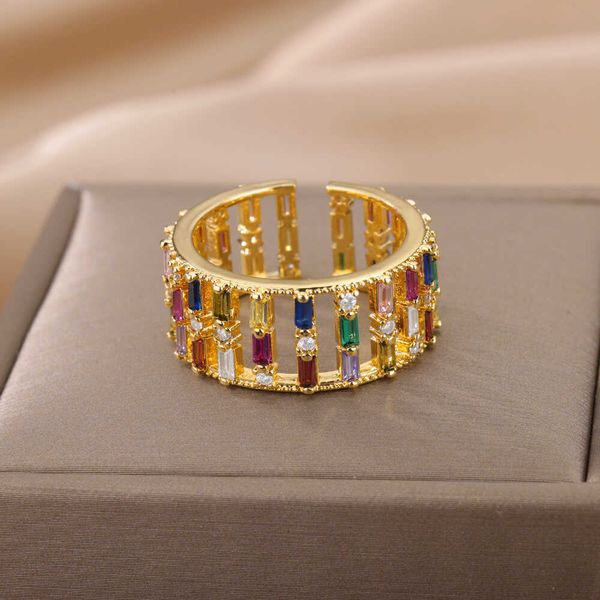 Anéis de banda de luxo colorido zircão anéis para mulheres aberto aço inoxidável banhado a ouro casal anel eternidade promessa casamento jewerly anillos AA230417