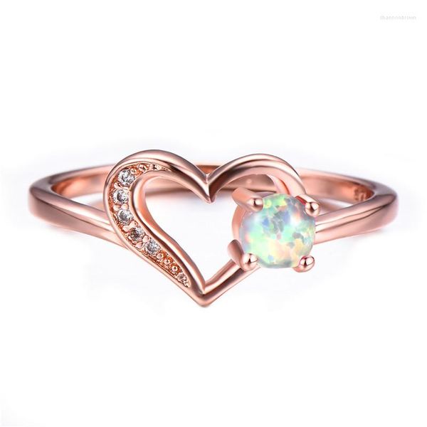 Trauringe Trendy Hohles Herz Verlobungsring Weiß Blau Lila Opal Runder Stein Roségold Farbe Für Frauen Boho Schmuck