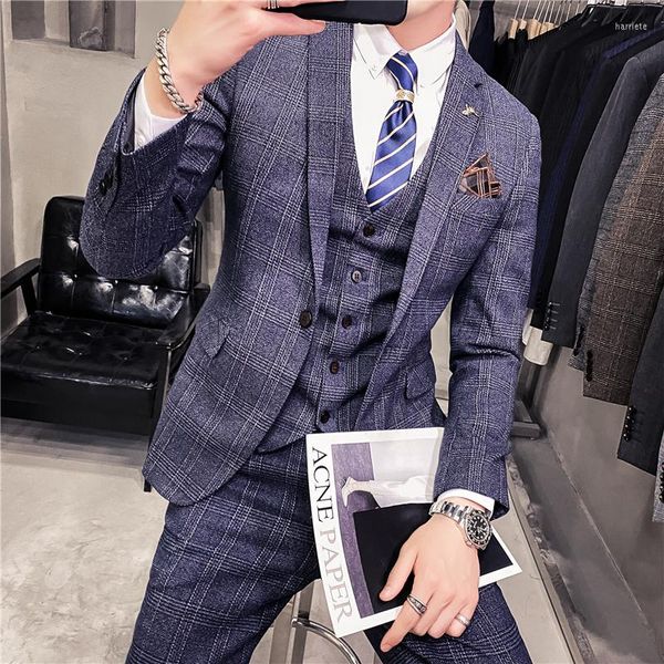 Erkek Suit (Ceket Yelek Pantolonu) 2023 Erkeklerin Yüksek Kaliteli İş Blazers/Erkek İnce Fit Ekose Üç Parça Takım/Damat Gelinlik