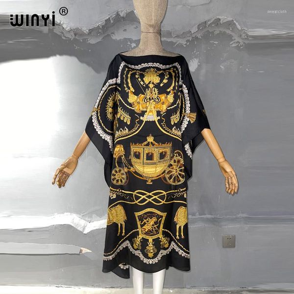 Mutada de banho feminina Winyi impressa a manga Batwing elegante Kaftan Street Wear Maxi 2023 Moda Bohemian Dress Women Women Beach Swim Sath