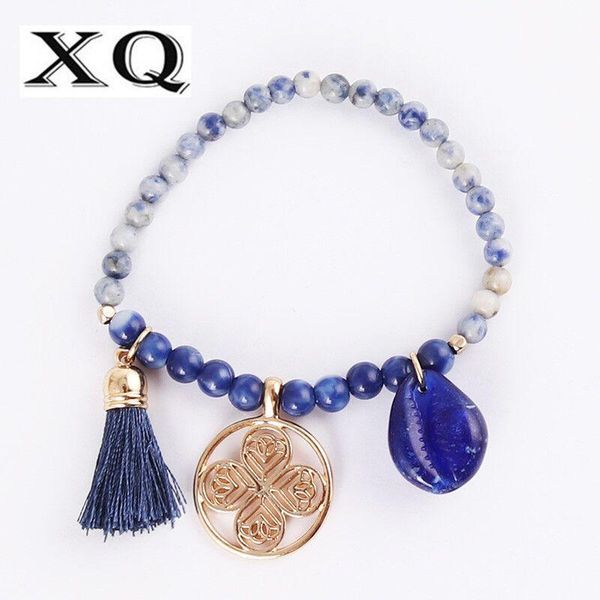 Link-Armbänder, blaue Perlen, elastisches Seil, größenverstellbar, Stein-Muschel-Quasten-Anhänger, weiße Zinklegierung, rundes Damen-Armband, Urlaubsschmuck