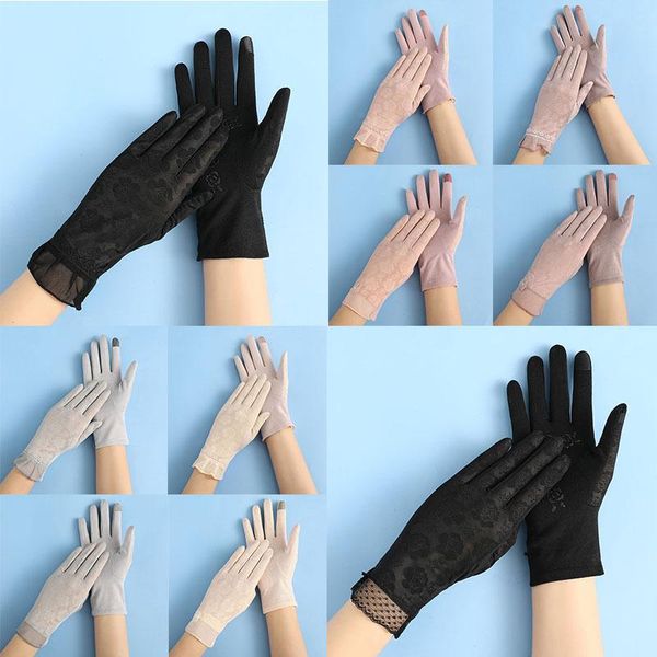 Fünf-Finger-Handschuhe für Frauen, Sonnencreme, Seide, Spitze, weiblich, dünn, Fahren, Touchscreen, atmungsaktives Netz, Anti-UV-Vollfäustlinge