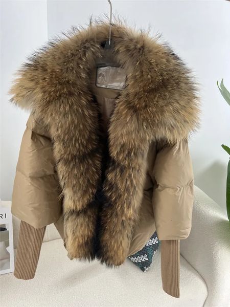 Damen-Fell, Kunstfell, groß, echter Silberfuchs-Pelzkragen mit Strickärmeln, Wintermantel für Damen, weiße Entendaunenjacke, super modische Oberbekleidung, luxuriös, 231117