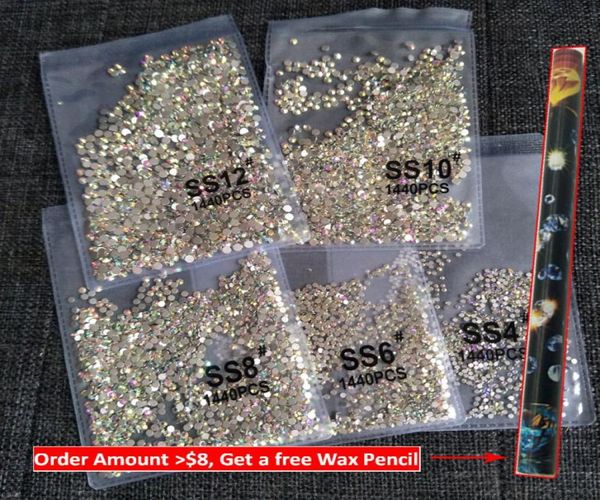 1440 peças cristais de unha com parte traseira lisa strass para unhas 3d decorações de arte de unha ss3ss12 pedras preciosas de vidro diy ab transparente rosa gold8597710